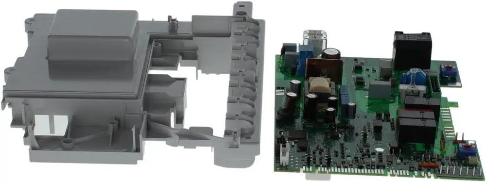 Graue Kunststoffabdeckung und Leiterplatte von Bosch mit verschiedenen elektronischen Komponenten und Anschlussstellen. Sperr- und Steuerelemente sind sichtbar.